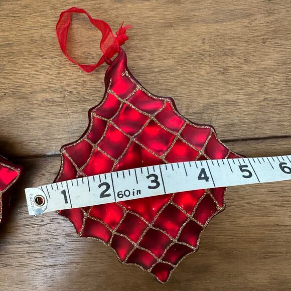 Set of 2 Traditional Red Quilted Glass Christmas Ornaments 5” x 5” Jewel Accent - Picture 6 of 9